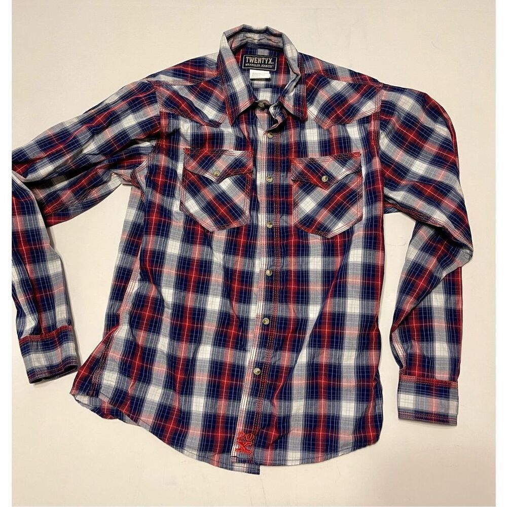 Twenty X Wrangler Button Shirt Boys Sz XL 14 16 Blue Red White Plaid Long Sleeve